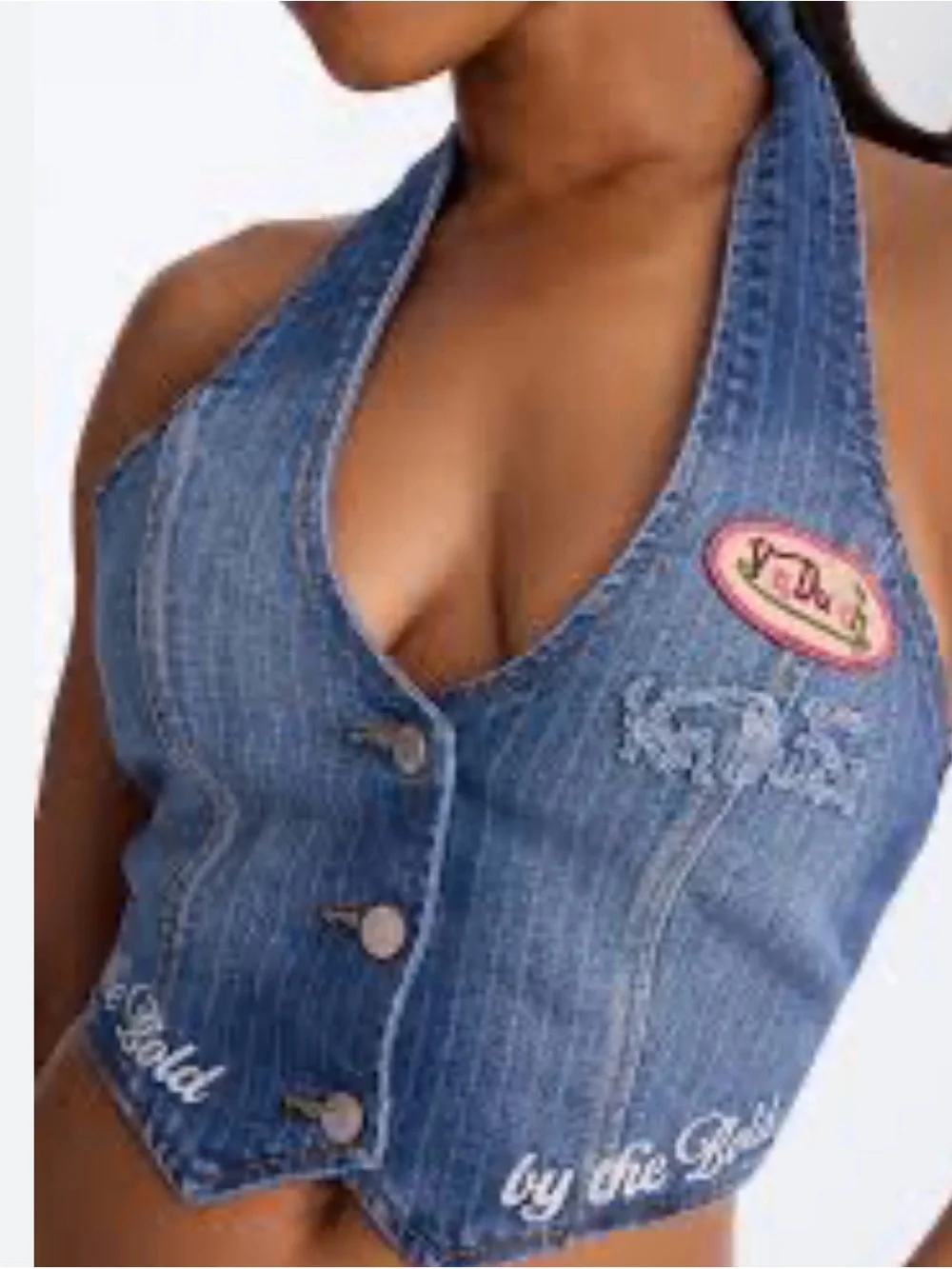Von Dutch Blue Denim Halter Crop Vest